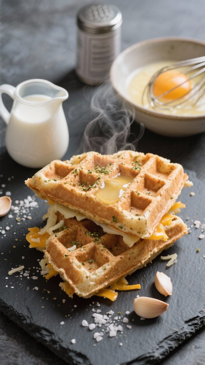 A plated 45-degree shot of savory almond flour waffles stacked in halves, steam rising, with a light sheen of melted butter; waffle pockets crisp, infused with garlic powder and cheese (shredded mozzarella/cheddar visible along edges); a small pitcher of unsweetened almond milk, whisked egg mixture in a bowl, and baking powder canister in the scene; served on a slate board with a sprinkle of sea salt.