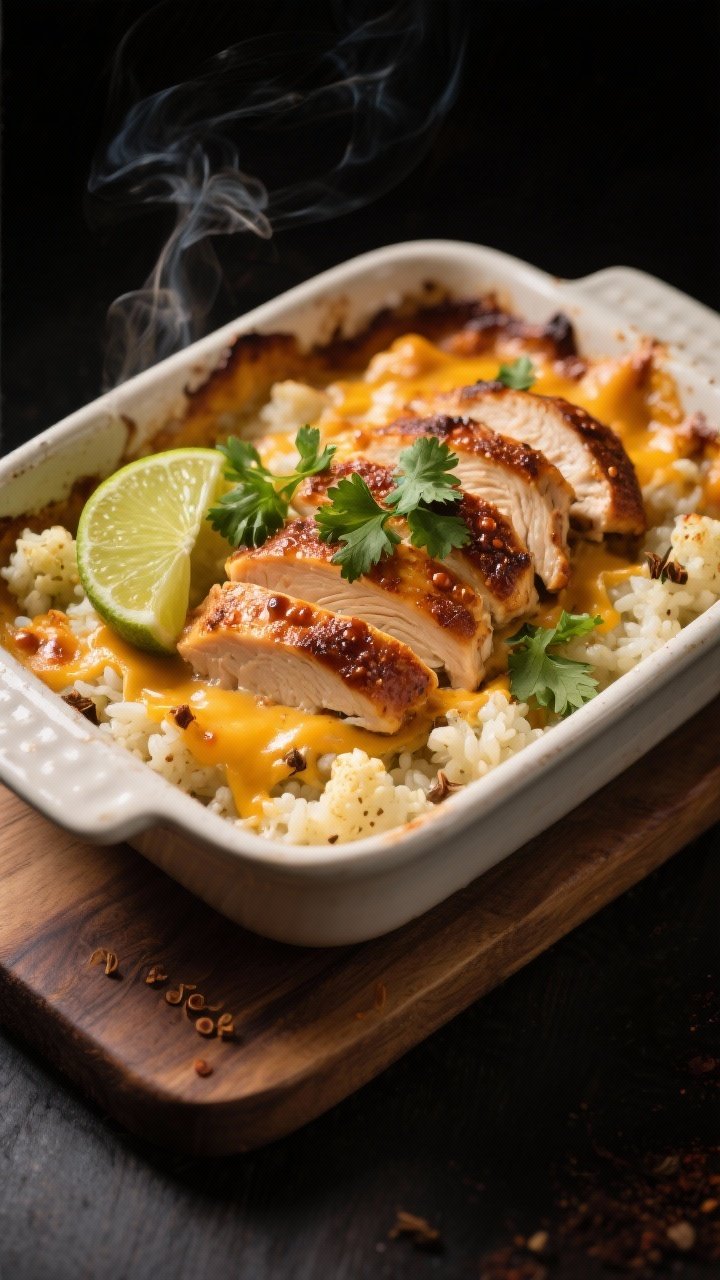 A straight-on casserole view of smoky chipotle chicken bake: sliced chicken breasts layered over cheesy cauliflower “rice,” tinted with chipotle in adobo, cumin, and smoked paprika; browned cheese bubbles at the edges, a faint smoky haze; garnished with chopped cilantro and a lime wedge; ceramic baking dish on a wooden board; bold, contrasty lighting.