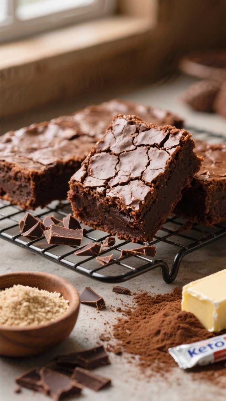 A straight-on close-up of fudgy almond flour brownies with a crackly top on a cooling rack, one square tilted to reveal dense, moist interior; scattered chocolate shards from unsweetened baking chocolate, a small bowl of granular keto sweetener, cocoa powder dusting, and a stick of butter wrapper nearby; warm, rich tones with soft window light highlighting the crinkle top.