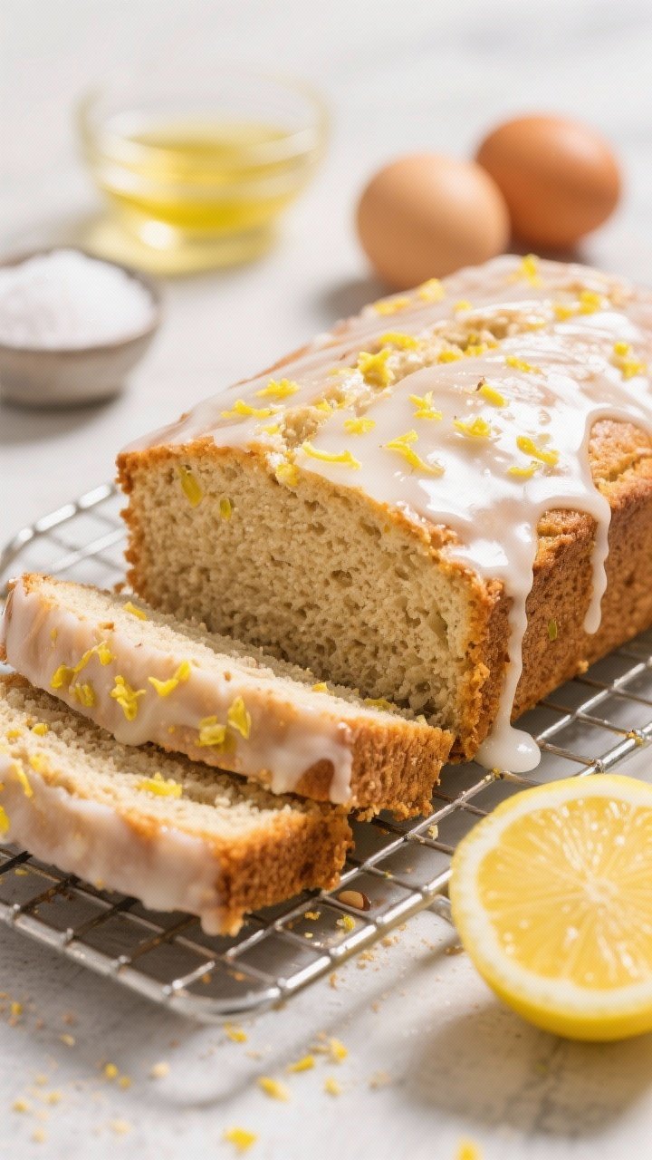 A straight-on hero shot of an almond flour lemon loaf on a wire rack, glossy zesty glaze dripping down the sides; slices show a tender crumb from almond flour and coconut flour, with bright lemon zest flecks; ingredients in soft focus: granulated keto sweetener, melted butter/olive oil, eggs, baking powder, and a halved lemon; fresh, citrusy, sunlit mood.