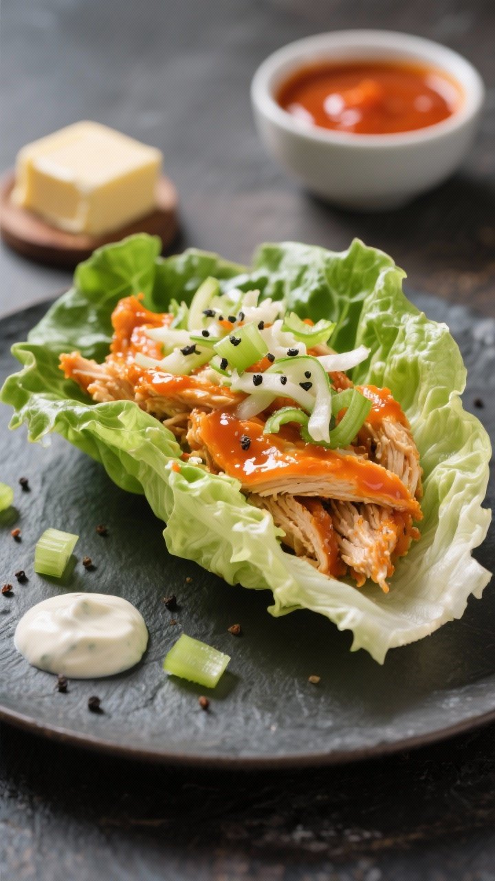 A straight-on, plated presentation of Buffalo ranch chicken lettuce wraps: juicy shredded chicken coated in glossy buffalo sauce nestled in large romaine leaves, topped with crunchy celery slaw; small drizzle of ranch, scattered chopped celery and black pepper; vibrant orange and green colors; set on a slate board with a small bowl of extra buffalo sauce and butter cube in background; crisp, clean lighting.