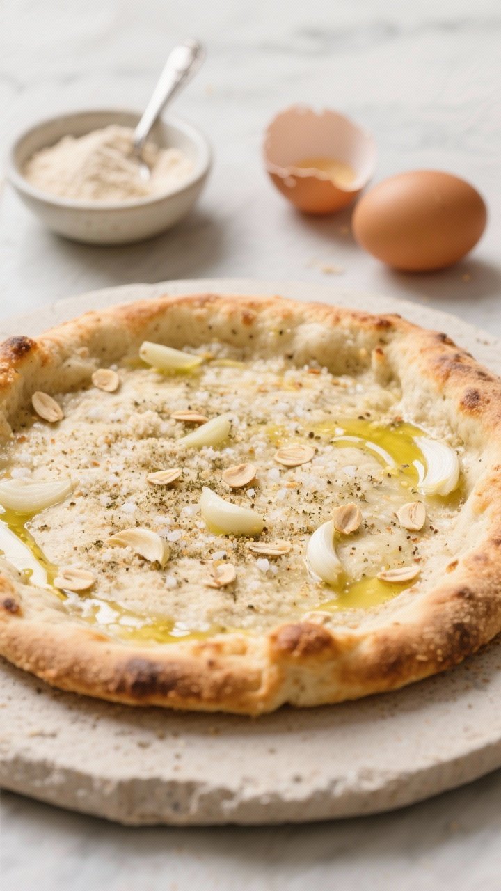 A straight-on shot of a crispy almond flour pizza crust on a pizza stone, clearly showing sturdy, golden edges you can pick up; the dough speckled with psyllium husk powder for structure and seasoned with garlic powder, onion powder, and fine sea salt; brushed with olive oil and lightly blistered from the oven; place a small bowl of almond flour, a spoonful of psyllium husk, and two cracked eggs in the background; clean, rustic kitchen vibe.