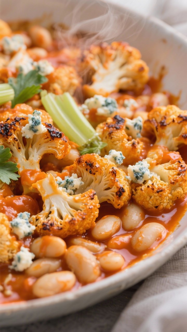 Action close-up of Buffalo Cauliflower, White Bean, and Blue Cheese Bake: roasted cauliflower florets and cannellini beans coated in vivid orange buffalo wing sauce, crumbles of blue cheese melting into pockets, a few charred edges; drizzle of extra buffalo sauce pooling, celery leaf garnish for color contrast, steamy and ultra-saucy.