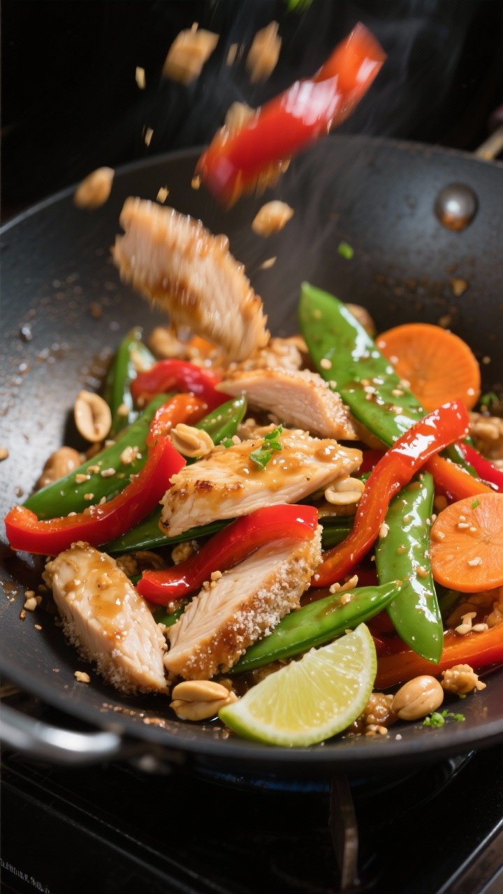 Action close-up stir-fry in a wok at 45 degrees: thinly sliced chicken breast lightly coated in cornstarch searing to a slight crisp, tossed with red bell pepper strips, snow peas, and thin carrot coins, glossy peanut-lime sauce clinging to everything, a sprinkle of crushed peanuts and lime zest, motion blur from the toss, high-contrast lighting to emphasize sheen.