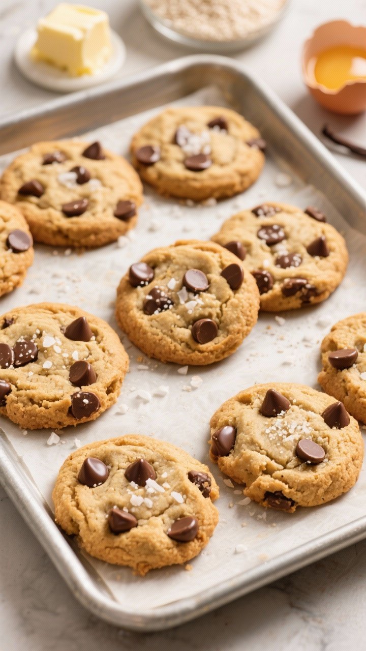 An overhead cookie tray shot of almond flour chocolate chip cookies, golden with chewy centers and slightly crisp edges; studded with glossy sugar-free chocolate chips, a sprinkle of flaky salt on top; ingredients styled: softened butter, granular keto sweetener, almond flour, baking soda, vanilla extract, and one cracked egg; warm, cozy, freshly baked aroma captured visually.