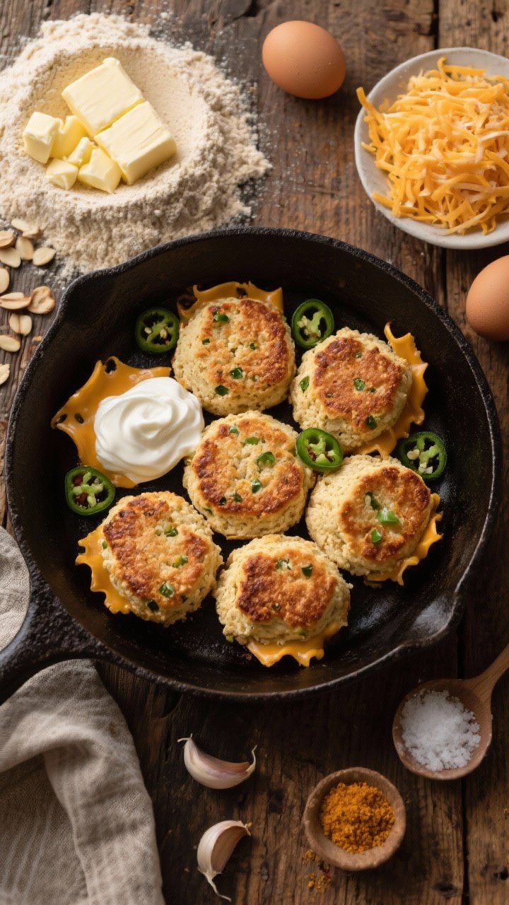 An overhead flat lay of cheddar-jalapeño almond flour biscuits on a cast-iron skillet, cheese frico edges and browned tops visible; flecks of finely chopped jalapeño peeking through the crumb; ingredients styled around: a mound of almond flour, diced cold butter, a dollop of sour cream, shredded sharp cheddar, eggs, baking powder, garlic powder, and salt; rustic wooden table, cozy bakehouse mood.
