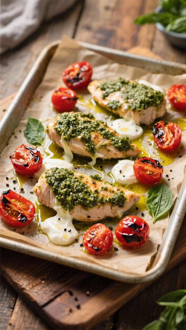 An overhead sheet-pan scene: pesto-coated chicken breasts arranged with burst roasted cherry tomatoes, melted mozzarella puddles and strands, and a drizzle of olive oil; charred tomato skins and basil pesto streaks visible; black pepper flecks; rustic parchment-lined pan on a wooden table; vibrant reds, creamy whites, and verdant greens with natural daylight.