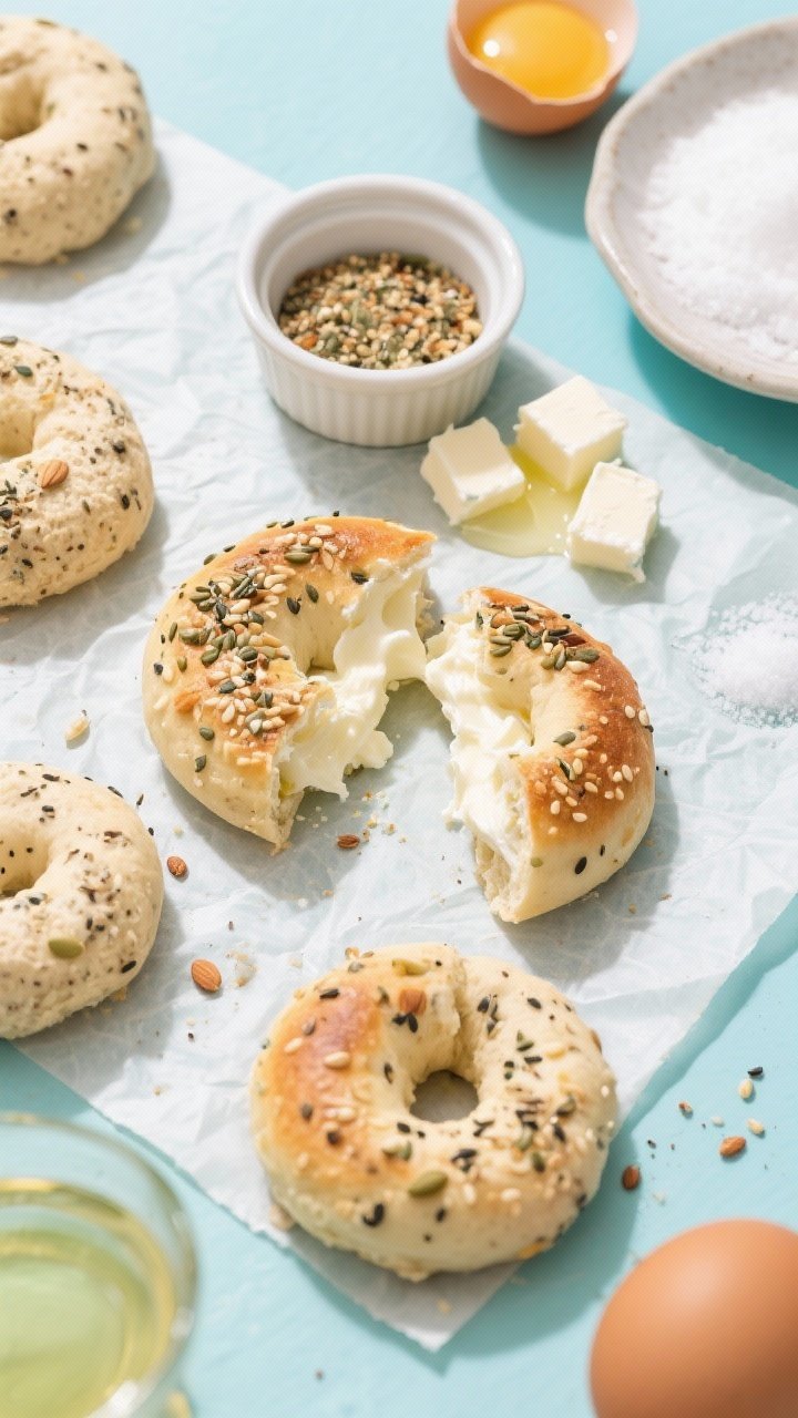 An overhead shot of almond flour “everything bagel” bites on parchment, split one revealing a gooey cream cheese center; dough made from almond flour, mozzarella, and cream cheese, speckled with everything bagel seasoning; include a ramekin of extra seasoning, cubes of cream cheese for filling, eggs ready for egg wash, and baking powder and salt pinches; bright, clean, playful snack vibe.
