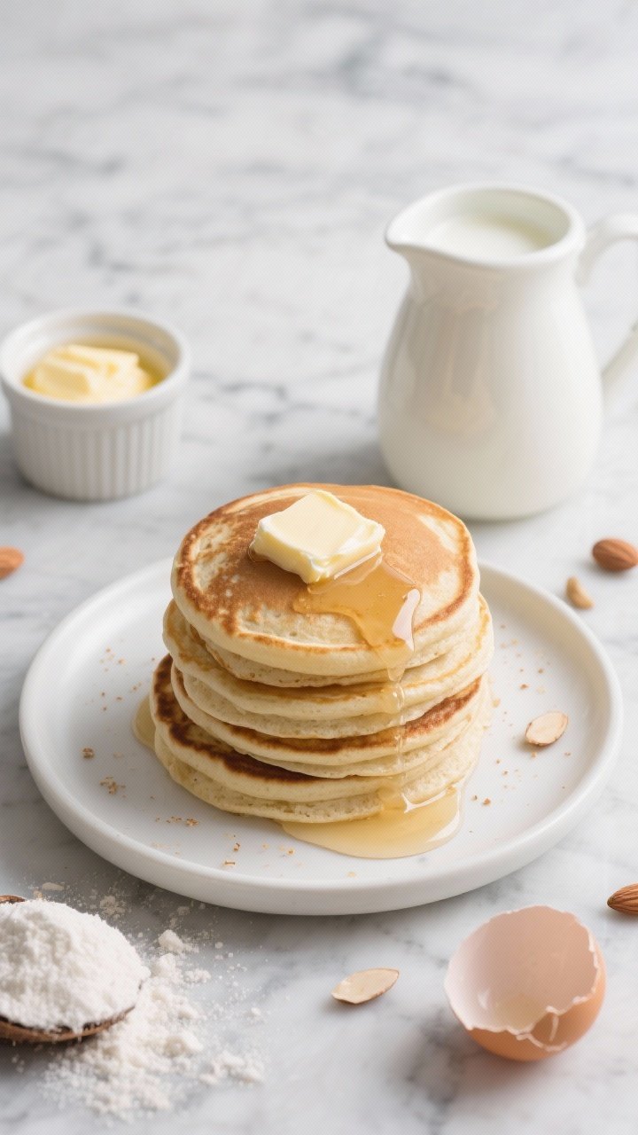 An overhead shot of cloud-soft almond flour pancakes stacked high on a matte white plate, butter melting on top and a drizzle of sugar-free syrup pooling, with visible flecks from super-fine almond flour and a tender crumb; include a small jug of unsweetened almond milk, a pat of melted butter in a ramekin, cracked eggshells, and a dusting of coconut flour and aluminum-free baking powder on a cool gray marble surface; warm morning light, airy, inviting, no people.
