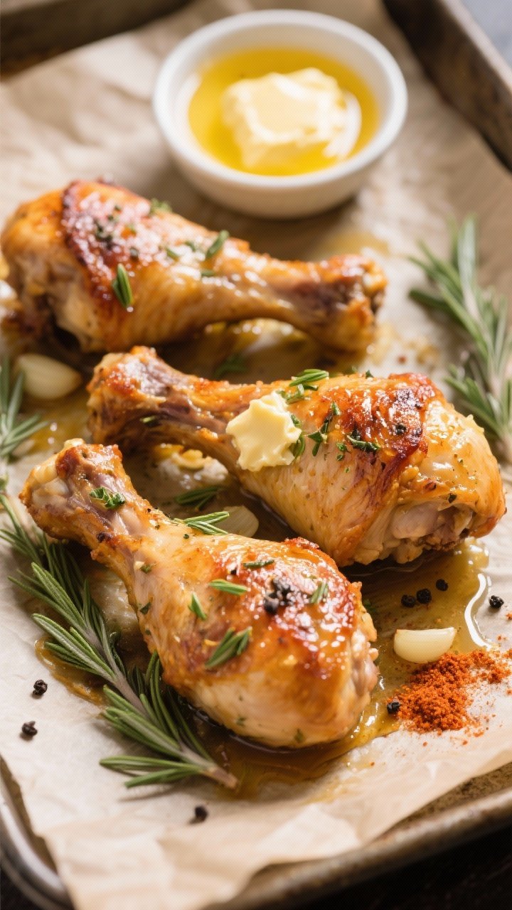 An overhead shot of herbed butter roast chicken drumsticks with ultra-crispy skin: drumsticks lacquered with softened butter mixed with rosemary, paprika, garlic and onion powders; rendered fat pooling on pan, crackly skin texture prominent; sprinkled with chopped fresh rosemary and black pepper; served on a parchment-lined sheet with a small dish of melted butter; warm, golden oven-light effect.