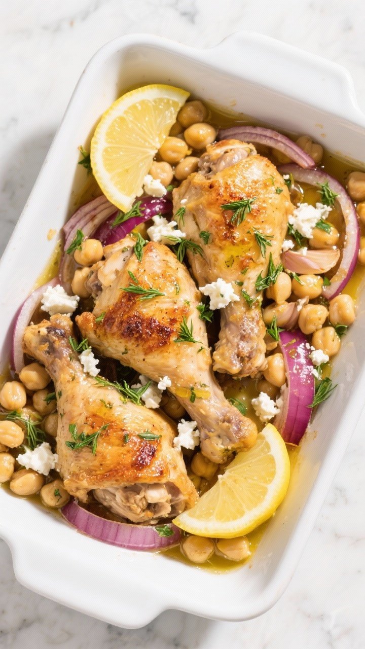 Bright Mediterranean overhead plated scene: lemon herb Greek chicken thighs with golden sear nestled among chickpeas and sliced red onion, braised in chicken broth with fresh lemon juice and zest, garlic, and oregano; crumbled feta and torn dill/parsley scattered, lemon wedges and a drizzle of extra-virgin olive oil; served in a white enamel baking dish on a light marble surface for a sunny, fresh vibe.