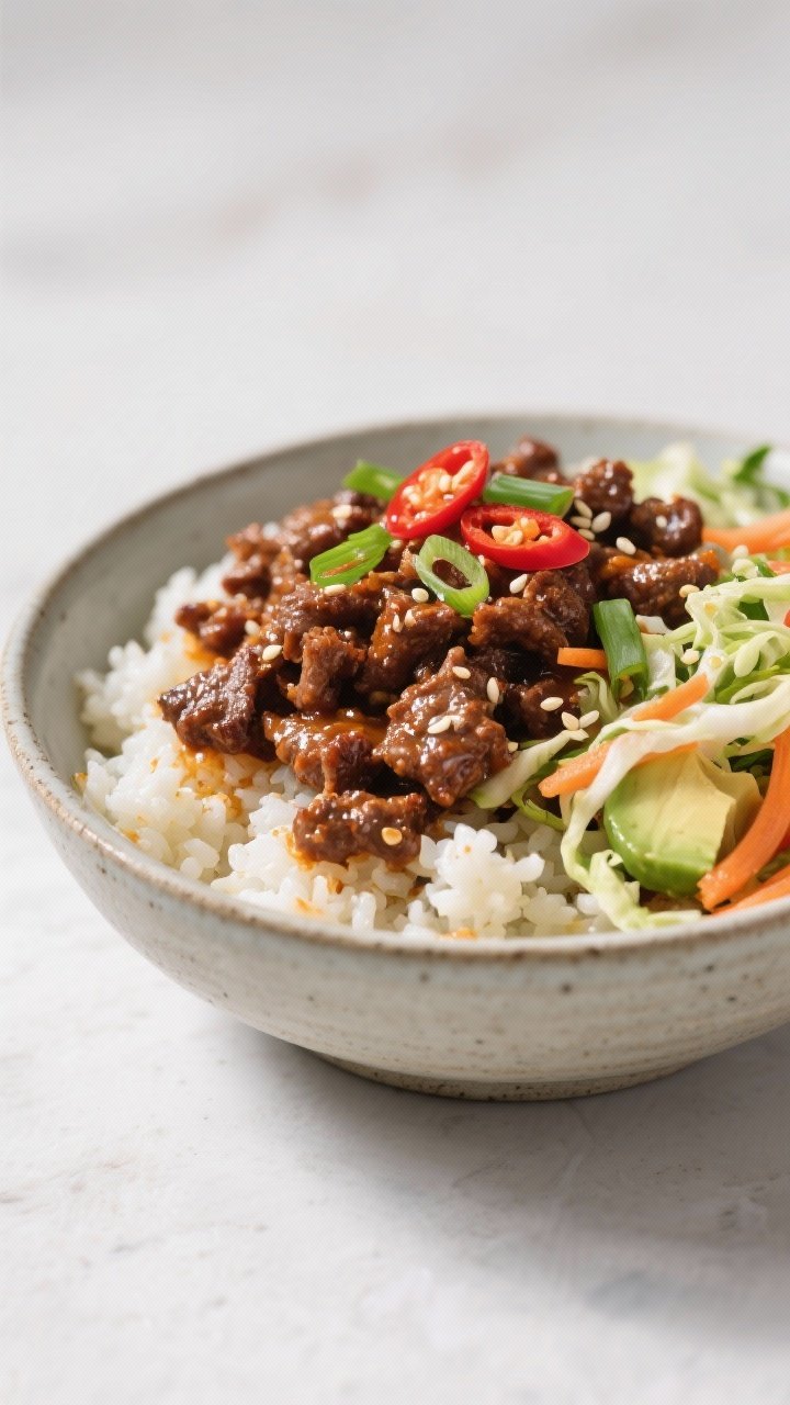 Bright, modern bowl shot at 45 degrees: spicy Korean-inspired beef bowls with glossy, caramelized ground beef cooked in avocado oil, garlic, ginger, tamari/coconut aminos, gochujang, and rice vinegar; served over cauliflower rice with a vibrant sesame slaw (shredded cabbage and carrots) tossed with sesame oil and toasted sesame seeds; thin red chili slices and scallions on top, minimalist stoneware bowl.