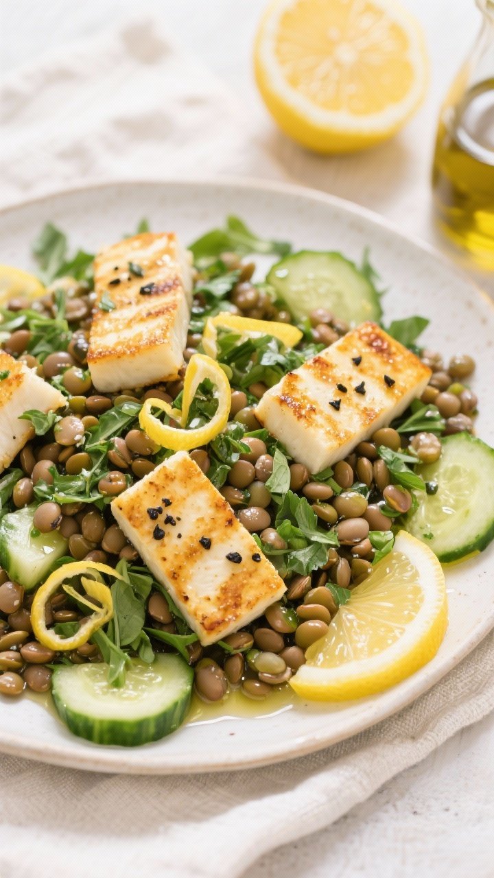 Bright overhead salad scene: lemon-herb lentil and halloumi salad with green/brown lentils, golden seared halloumi slabs, crunchy cucumber half-moons, chopped herbs, and a glossy lemon-olive oil dressing; sprinkled with black pepper and lemon zest curls; laid on a light linen with a halved lemon and extra olive oil; fresh, zesty, crisp textures.