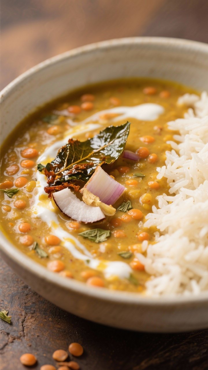 Close-up, 45-degree angle of creamy coconut red lentil dal in a shallow bowl, silky texture with visible turmeric-gold hue, flecks of ground coriander, ginger, garlic, and onion; topped with sizzling crispy curry leaves tempered in coconut oil; served with steamed basmati rice on the side and a drizzle of coconut cream; warm, cozy South Asian vibe.