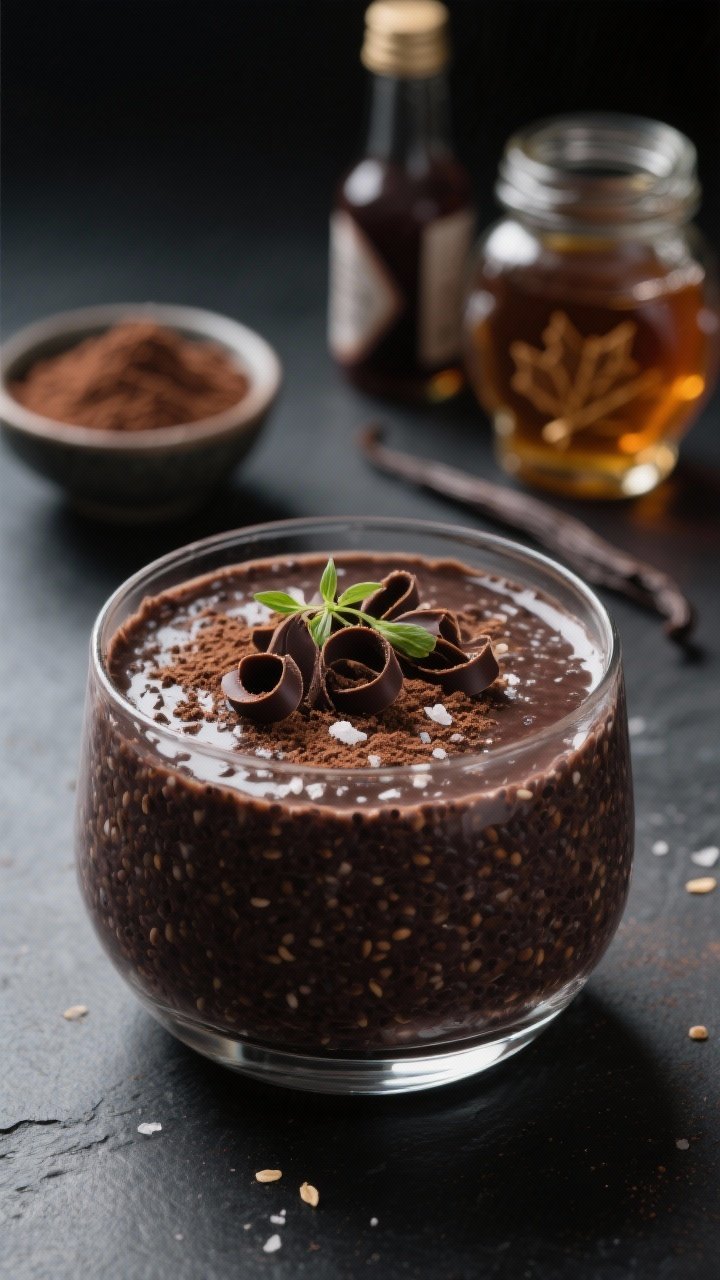 Close-up, 45-degree angle of double chocolate chia pudding in a low glass, intensely dark and glossy from unsweetened cocoa powder and oat milk, topped with micro curls of dark chocolate and a light sprinkle of flaky salt; a small bowl of cocoa powder and a jar of maple syrup in soft focus behind, vanilla extract bottle peeking, moody dark backdrop to enhance the dessert-like richness.
