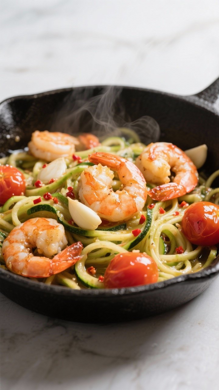 Close-up 45-degree shot of garlicky shrimp and zoodle scampi: large shrimp curled and glossy with garlic-butter and olive oil, burst cherry tomatoes releasing juice, zucchini noodles twirled with tongs, red pepper flakes sprinkled; shallow black skillet with visible sliced garlic; bright, juicy highlights and slight steam for freshness.