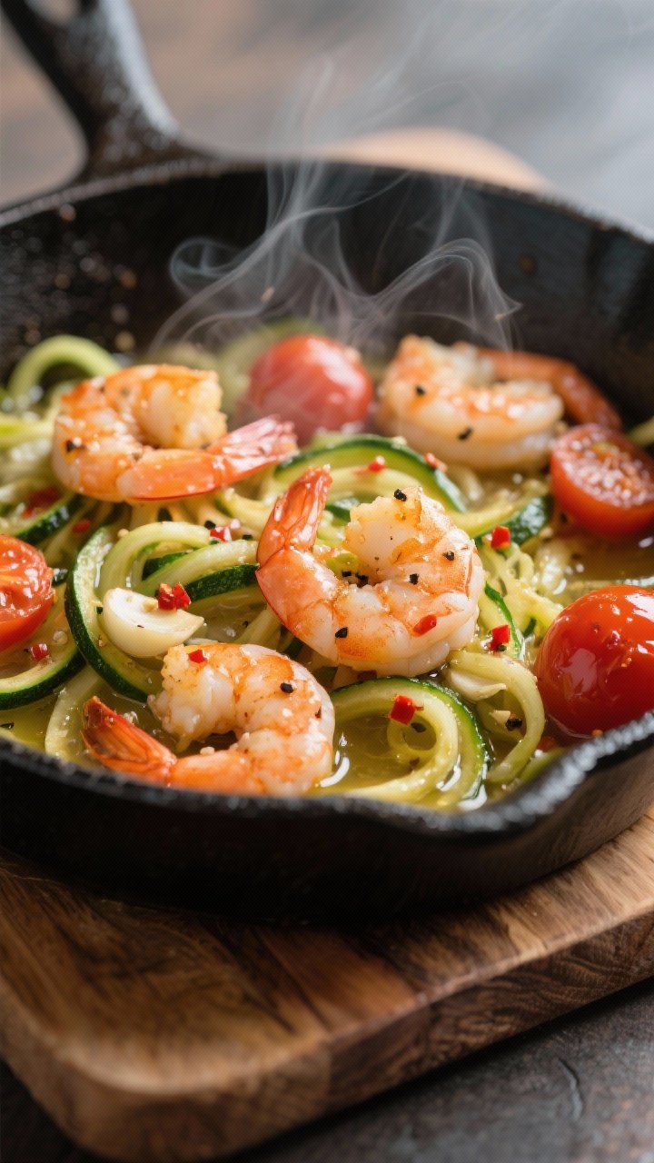 Close-up action shot of Garlicky Shrimp Zoodles: large shrimp seasoned with kosher salt and black pepper, sizzling in olive oil and butter with minced garlic and red pepper flakes, tossed with spiralized zucchini and burst cherry tomatoes; glossy garlic-butter sheen, steam rising, shallow depth of field, presented in a black skillet on a wooden board.