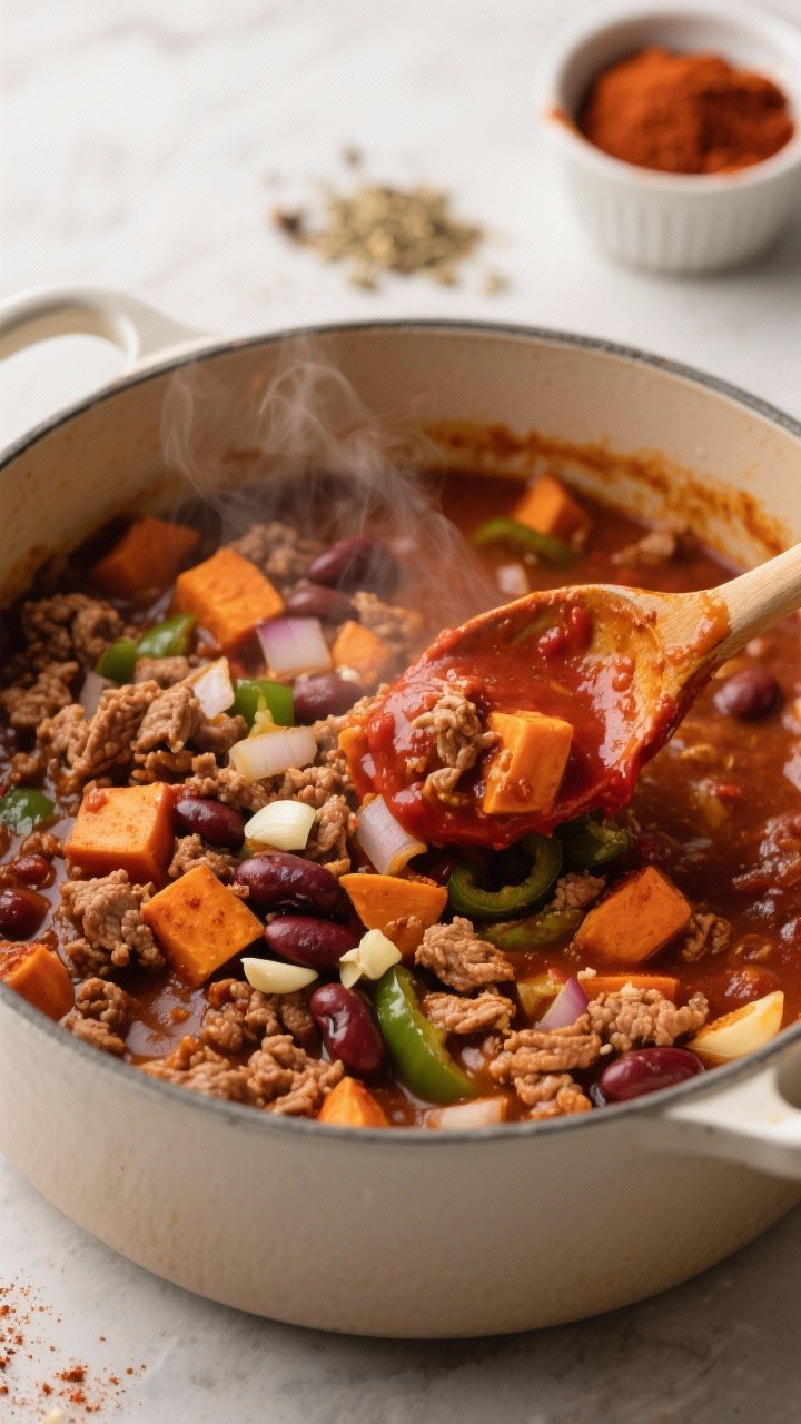 Close-up action shot of Smoky Turkey & Sweet Potato Chili being stirred in a enameled pot: browned lean ground turkey, chunks of orange sweet potato, diced onion, poblano pepper, and minced garlic coated in chili powder and ground cumin, a smoky red sauce clinging to the spoon; soft steam haze, textured surface of beans peeking through, with a small ramekin of chili powder and cumin in the background; warm, meal-prep mood.