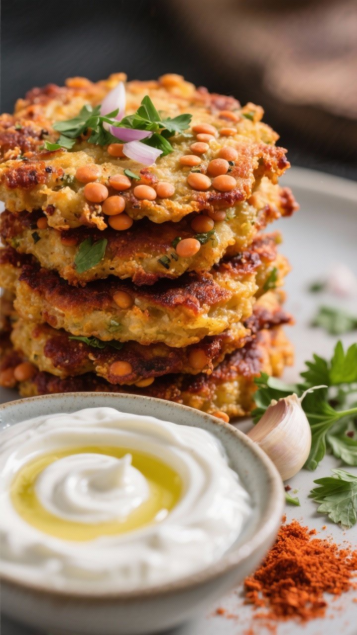 Close-up macro of crispy red lentil fritters stacked on a plate, deeply golden edges, flecks of cumin, parsley/cilantro, onion and garlic visible; a swirled bowl of garlicky yogurt sauce with olive oil drizzle and a pinch of paprika on the side; sprinkle of fresh herbs over the fritters; sharp, crunchy detail, high contrast.