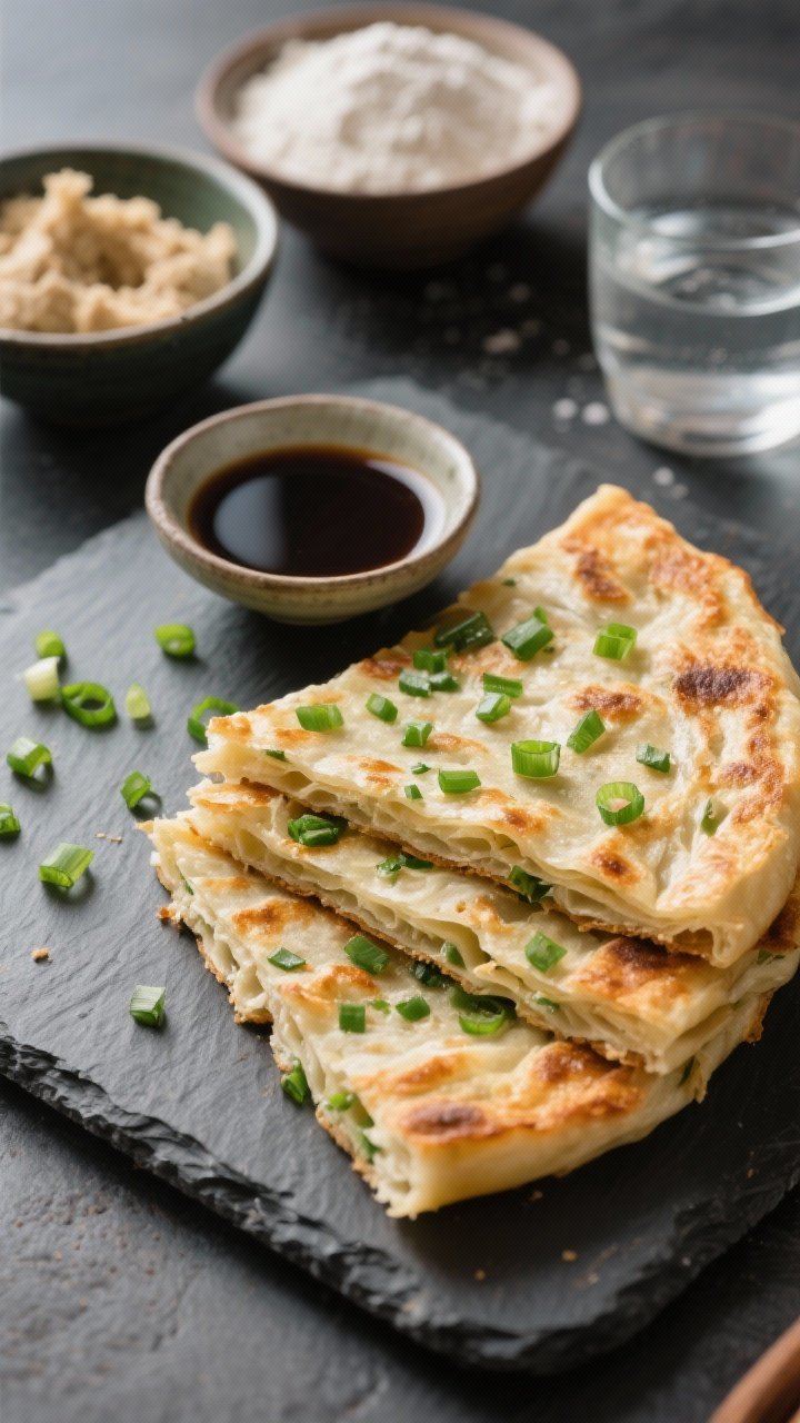 Close-up of a sliced sourdough discard scallion pancake showing crispy layered exterior and chewy interior, flecks of bright green scallions throughout; a small dish of soy dipping sauce alongside; include bowls containing sourdough discard, all-purpose flour, baking powder, salt, and water; shot at 45 degrees on a slate board to accent crunch.