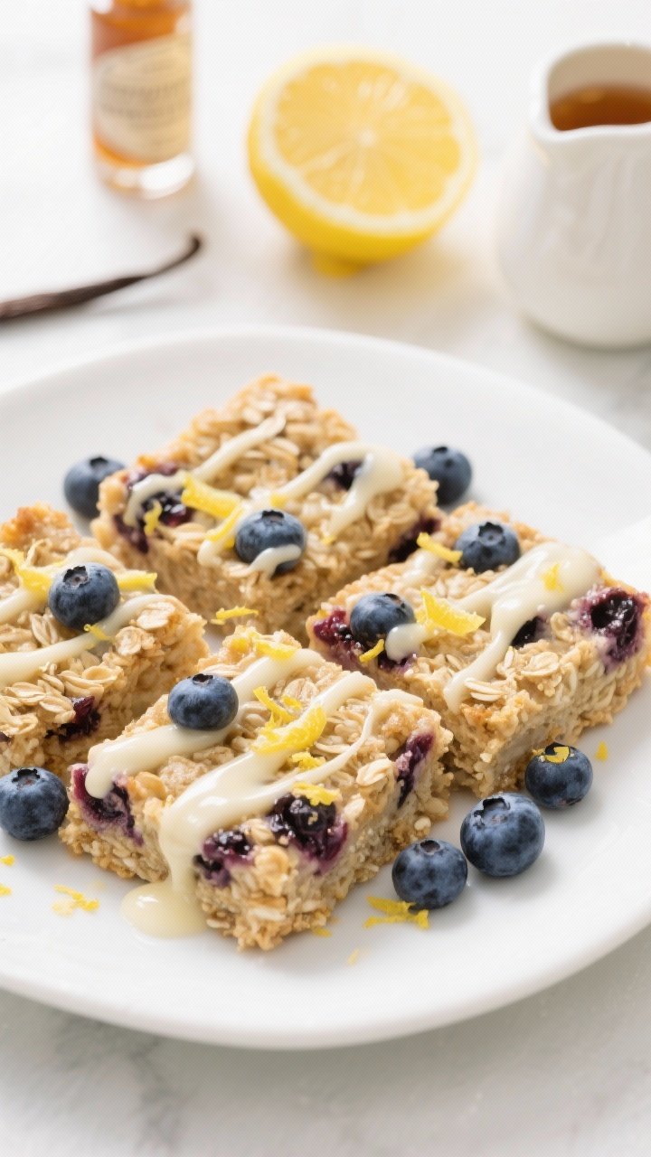Close-up of blueberry lemon baked oatmeal squares on a white plate, bursting blueberries throughout, lemon zest speckled across the surface; a glossy creamy drizzle ribboning over the top; background includes a zested lemon, vanilla extract bottle, and a small pitcher of maple syrup; bright, airy lighting to emphasize the fresh citrus-blueberry contrast.
