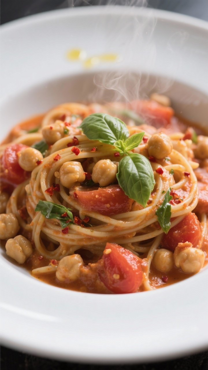 Close-up of creamy one-pot tomato basil chickpea pasta: whole-wheat pasta coated in a silky tomato-basil sauce made from crushed tomatoes and vegetable broth, visible chickpeas throughout, flecks of red pepper flakes and ribbons of fresh basil, a drizzle of olive oil on top, steam rising, shot straight-on in a shallow white bowl to highlight sauciness and texture.