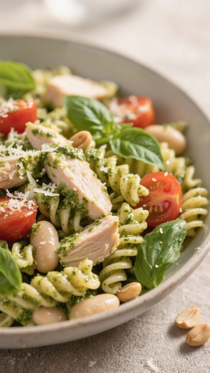 Close-up of Creamy White Bean and Chicken Pesto Pasta Salad in a shallow bowl: whole-wheat fusilli coated in basil pesto, chunks of cooked chicken breast, cannellini beans, and halved cherry tomatoes. Parmesan micro-grate dusting, a few pine nuts, and basil leaves scattered. Soft natural light, creamy green sauce clinging to spirals, focus on glossy pesto and bean/chicken textures, blurred linen backdrop.