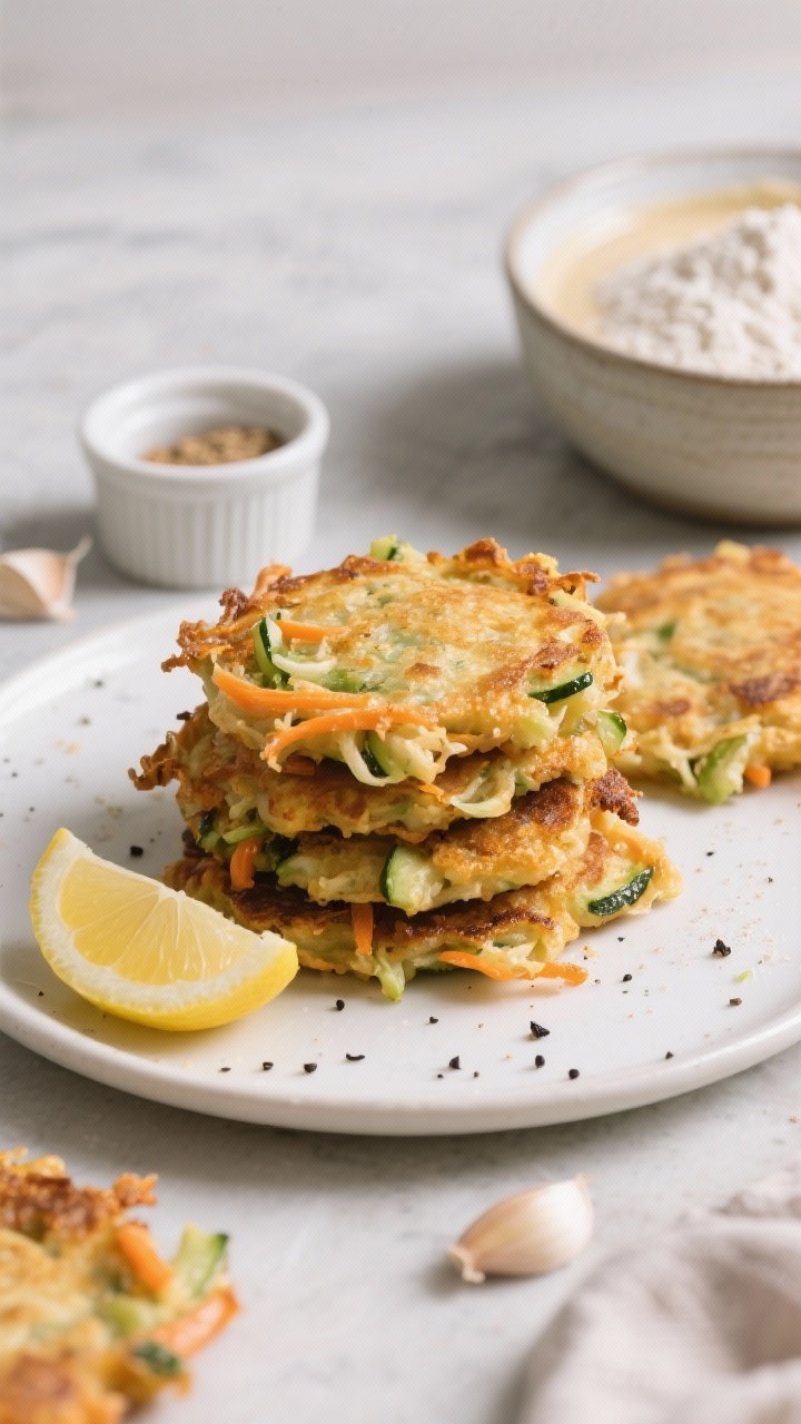 Close-up of crispy-edge sourdough discard veggie fritters stacked on a plate, golden-brown frilled edges with visible shredded veggies (zucchini and carrot), sprinkled with black pepper and a lemon wedge nearby; ramekins containing garlic powder and salt, plus a bowl of batter showing the discard and flour; shallow depth of field to spotlight texture and sizzle.
