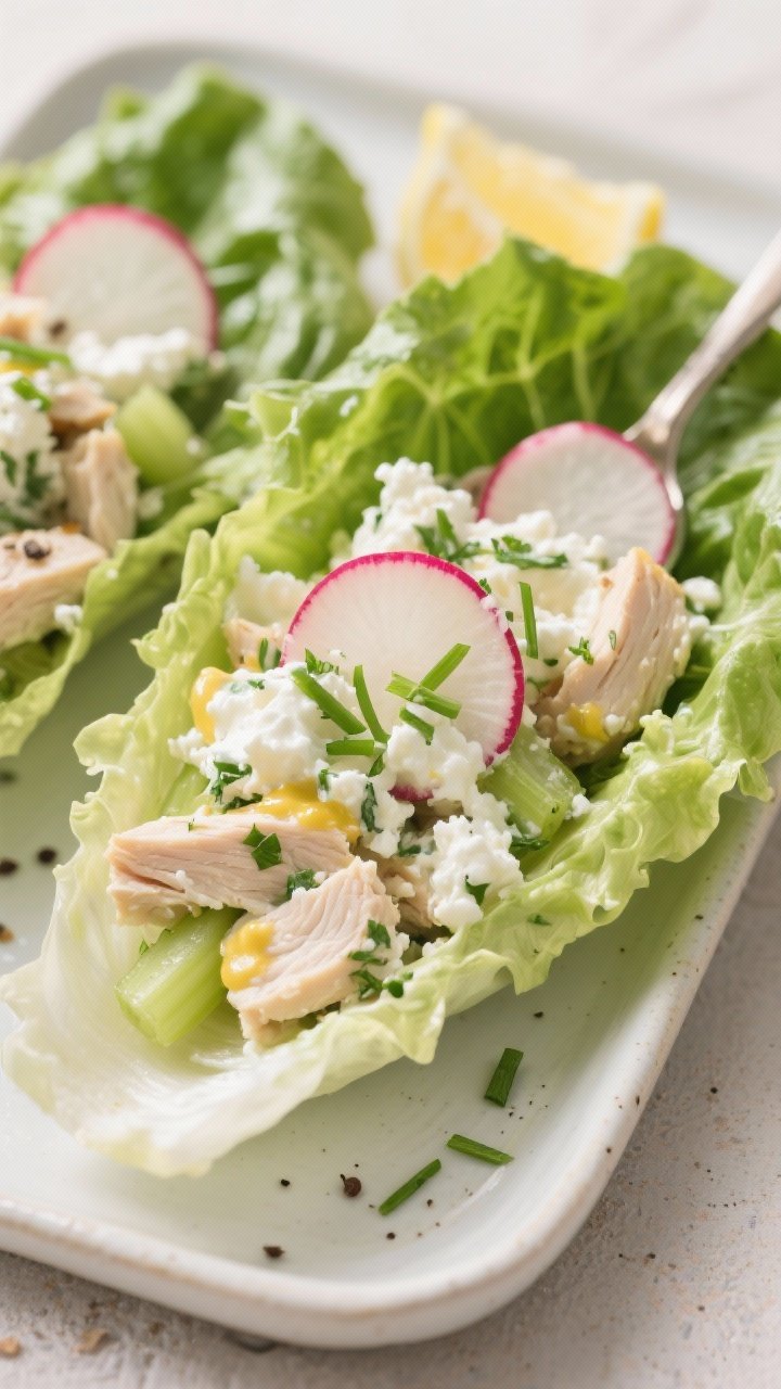 Close-up of Herbed Cottage Cheese Chicken Salad Lettuce Boats: chopped cooked chicken breast mixed with 2% cottage cheese, Greek yogurt, Dijon mustard, lemon juice, garlic powder, kosher salt and black pepper, folded with fresh herbs and celery; spooned into crisp romaine or butter lettuce leaves, topped with thinly sliced radish and chives, bright and creamy texture emphasized on a light ceramic tray.