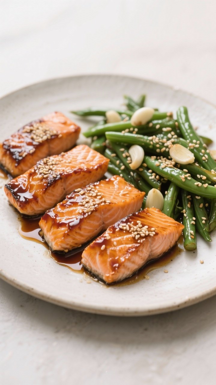Close-up of miso-ginger glazed salmon: four lacquered salmon fillets brushed with a glossy mix of white miso, soy/tamari, honey, rice vinegar, and fresh ginger, nestled beside sesame-garlic sautéed green beans; sesame oil sheen and scattered toasted sesame seeds; captured at 45 degrees on a light ceramic platter, clean minimal backdrop, tight focus on caramelized edges.