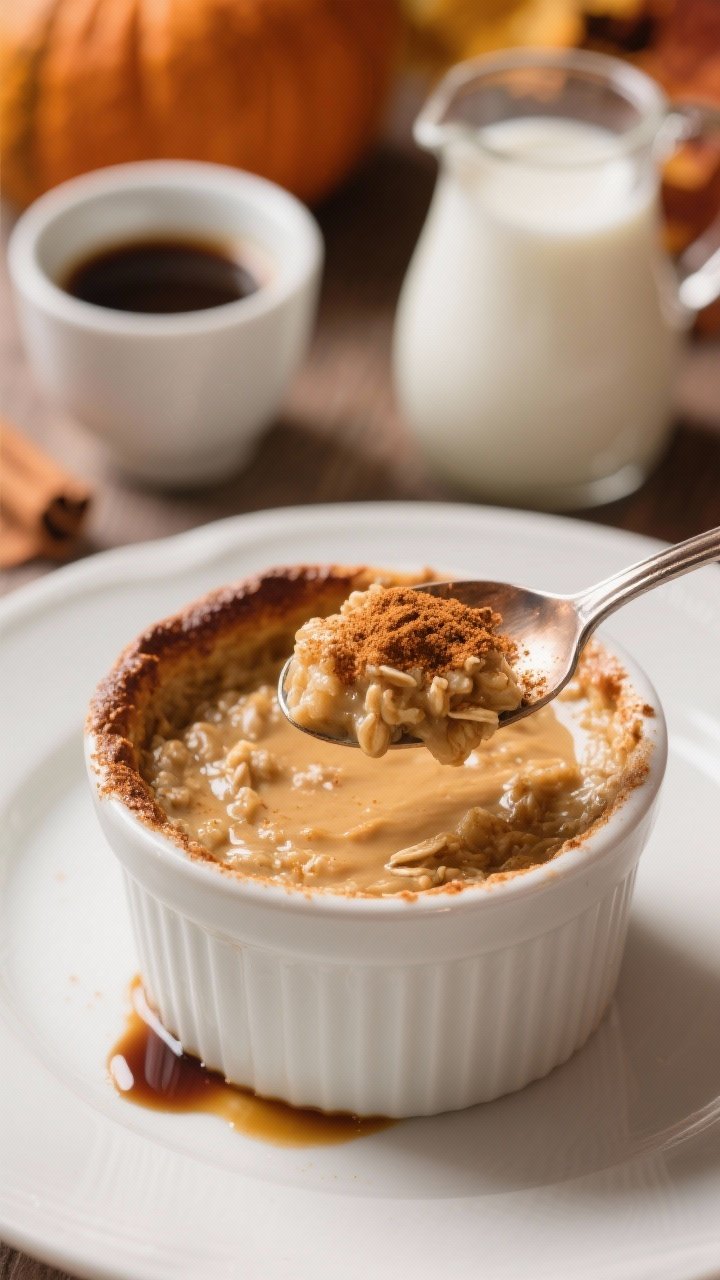 Close-up of pumpkin spice latte baked oatmeal in a small ramekin, silky, custardy interior with a bronzed top; a spoonful lifted to show the texture; dusting of pumpkin pie spice and a tiny pool of espresso reduction on the plate; a demitasse cup of strong coffee and a small jug of milk in the background; warm, cozy autumn palette.