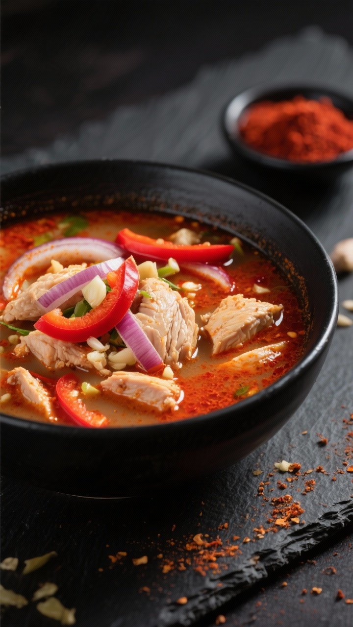 Close-up of Velvety Coconut Curry Chicken Soup in a matte black bowl: silky coconut broth tinted red from curry paste, thinly sliced onion and red bell pepper ribbons, minced garlic and grated ginger specks, tender chicken pieces, a light sprinkle of ground spices; glossy surface highlights and vibrant color contrast, set against a dark slate with a small dish of red curry paste nearby.