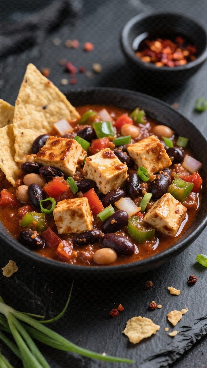 Close-up overhead of Tofu Three-Bean Chili: crumbled, soy sauce–marinated extra-firm tofu browned at the edges nestled among three distinct beans (kidney, black, and pinto), with diced onion, green bell pepper, and a tomato-chili base; glossy surface with suspended spices, garnished with scallions and crushed tortilla chips; staged on a dark slate with a small bowl of tamari and chili flakes; inviting texture-focused vegan comfort.