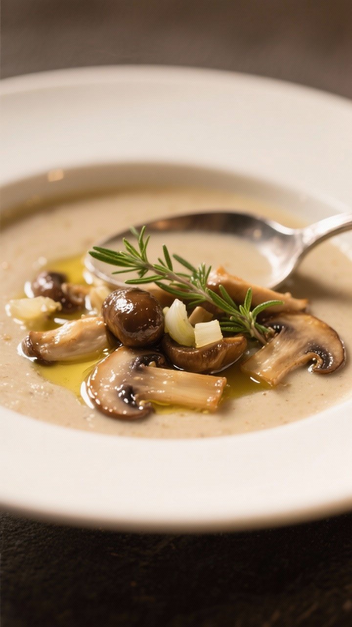 Close-up, shallow depth of field of Ultra-Creamy Chicken and Mushroom Marsala Soup: sautéed cremini mushrooms glistening in olive oil and butter, minced shallot and garlic, fresh thyme leaves scattered, Marsala wine reduction creating a glossy, velvety base; spoon partially dipped to show thickness, warm neutral background.