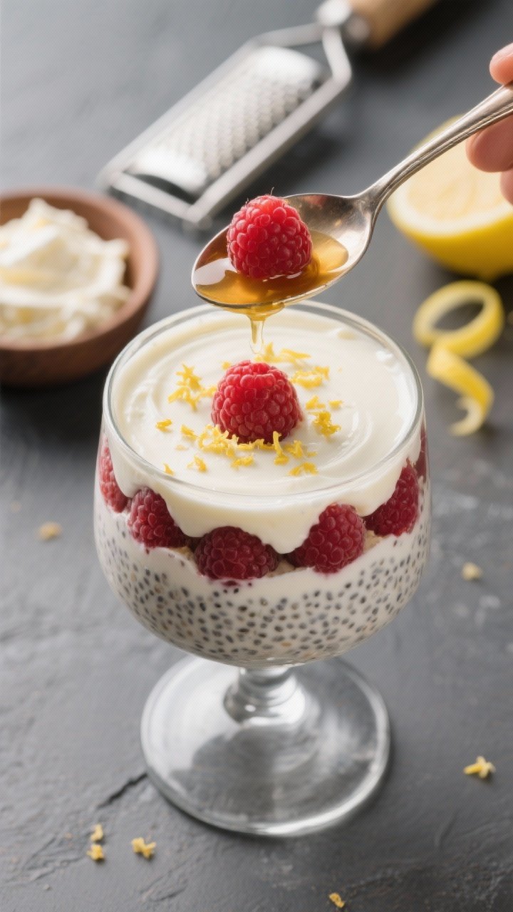 Close-up spoon shot of raspberry lemon cheesecake chia pudding in a stemless wine glass: layers of almond milk chia, silky cream cheese–Greek yogurt blend, and fresh raspberries; a fine lemon zest sprinkle and a tiny raspberry coulis swirl on top, honey drizzle at the rim; background includes a zester with curls of lemon zest and a small bowl of cream cheese for a fancy patisserie feel.