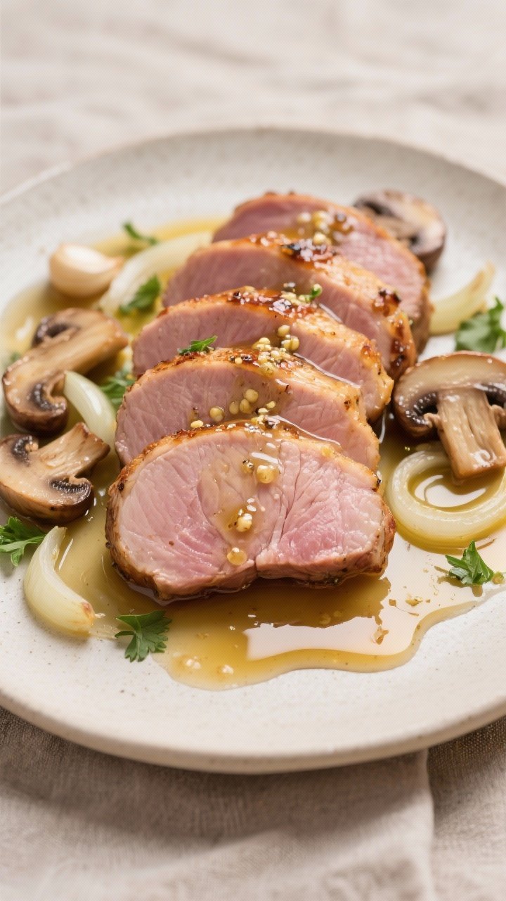 Close-up straight-on shot of garlic Dijon pork tenderloin slices fanned on a platter: rosy, juicy medallions glazed with a Dijon, chicken broth, garlic, and olive oil pan sauce; sautéed cremini mushrooms and thinly sliced shallots scattered around; finishing sprinkle of parsley; glossy sauce highlights and crisp focus on seared edges; neutral linen backdrop.