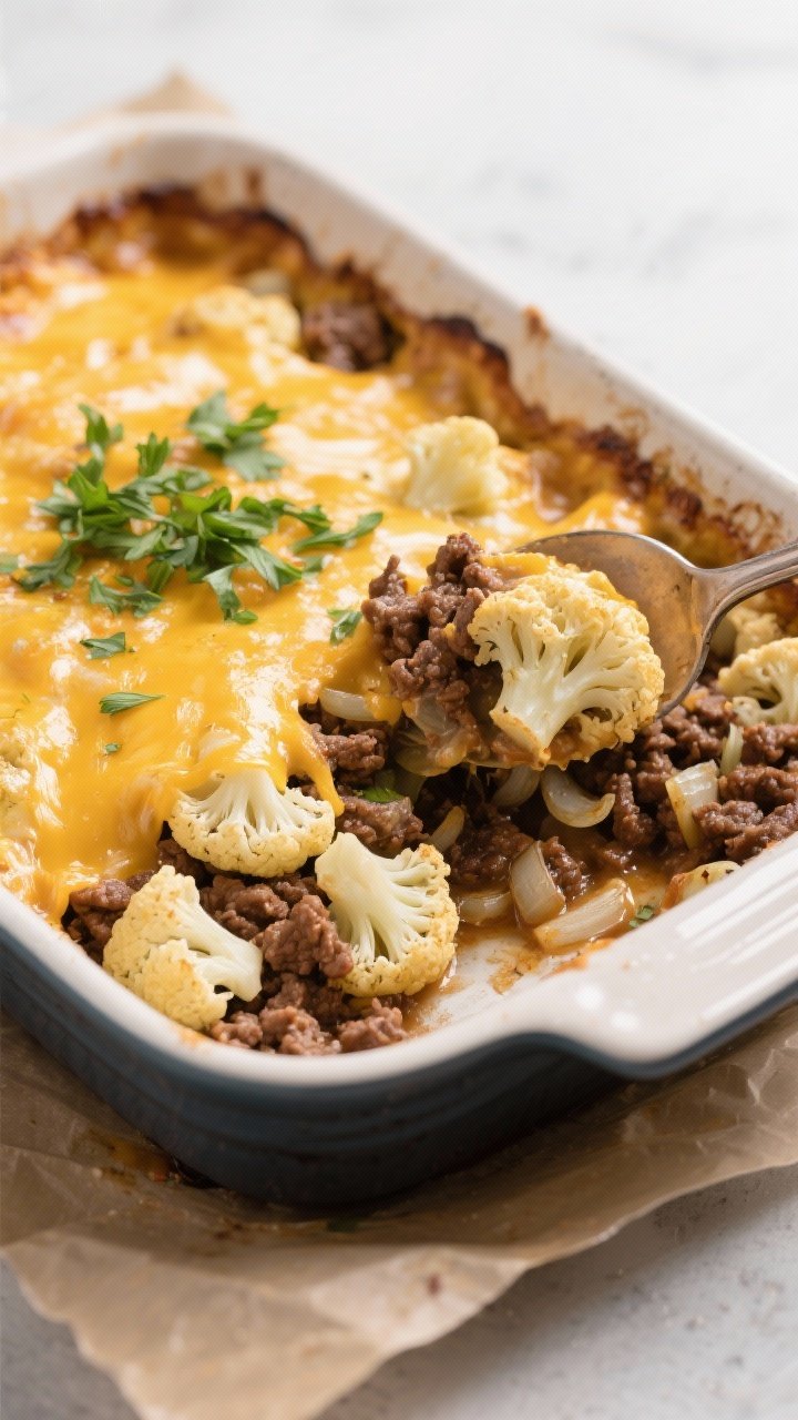 Cozy overhead casserole shot: cheesy cauliflower beef bake in a parchment-lined enamel baking dish, layers of browned ground beef with onion, garlic, Italian seasoning, tender cauliflower florets steamed with beef broth, all crowned with a bubbling golden crispy cheese top; scattered parsley on top, a serving spoon breaking into the crunchy layer to reveal creamy, savory interior.