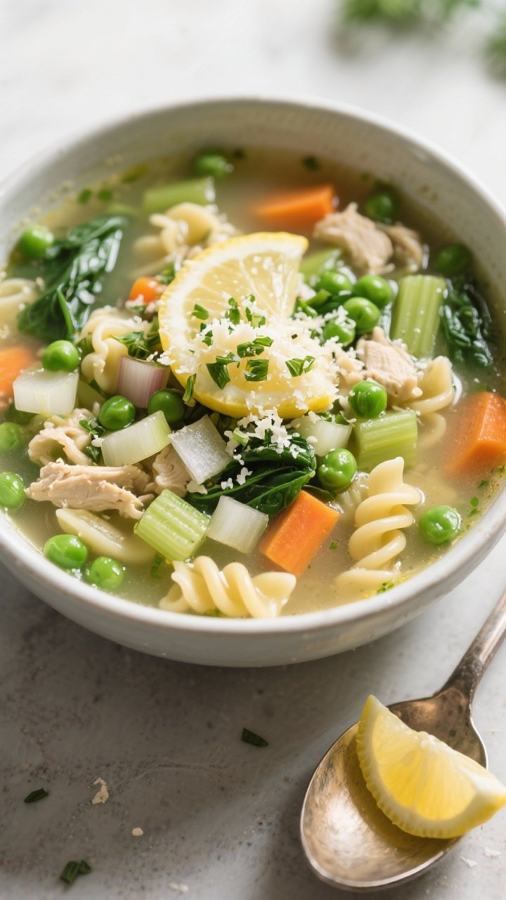 Cozy overhead soup shot: Spring green minestrone in a deep bowl, brimming with diced onion, celery, carrots, and tender small pasta, all in a light vegetable/chicken broth; bright green peas and seasonal greens peeking through; topped with a lemon-Parmesan gremolata that adds citrusy sparkle; a ladle and lemon wedges nearby.