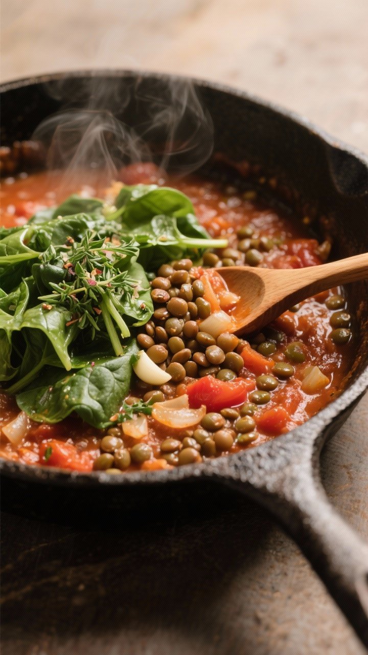 Cozy skillet scene, 45-degree angle: tomato-lentil mixture simmering—brown/green lentils nestled in a thick crushed tomato base with onions, garlic, and Italian seasoning; handful of fresh spinach just wilted, herbs sprinkled on top; rustic cast-iron skillet, wooden spoon partially in frame; gentle steam, warm color grading for comfort.