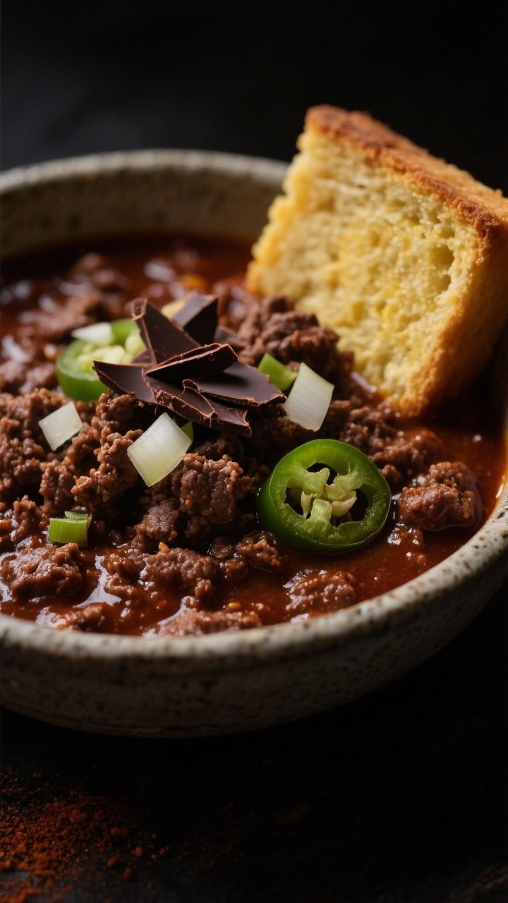 Dramatic 45-degree close-up of Espresso Bison Chili: coarse crumbles of ground bison coated in a deep mahogany sauce infused with espresso, chili powder, cumin, and garlic, with a subtle sheen from olive oil; a few bittersweet dark chocolate shavings melting into the surface, diced onion and minced jalapeño visible; served in a stoneware bowl with a square of cornbread; moody chiaroscuro lighting to emphasize richness and depth.