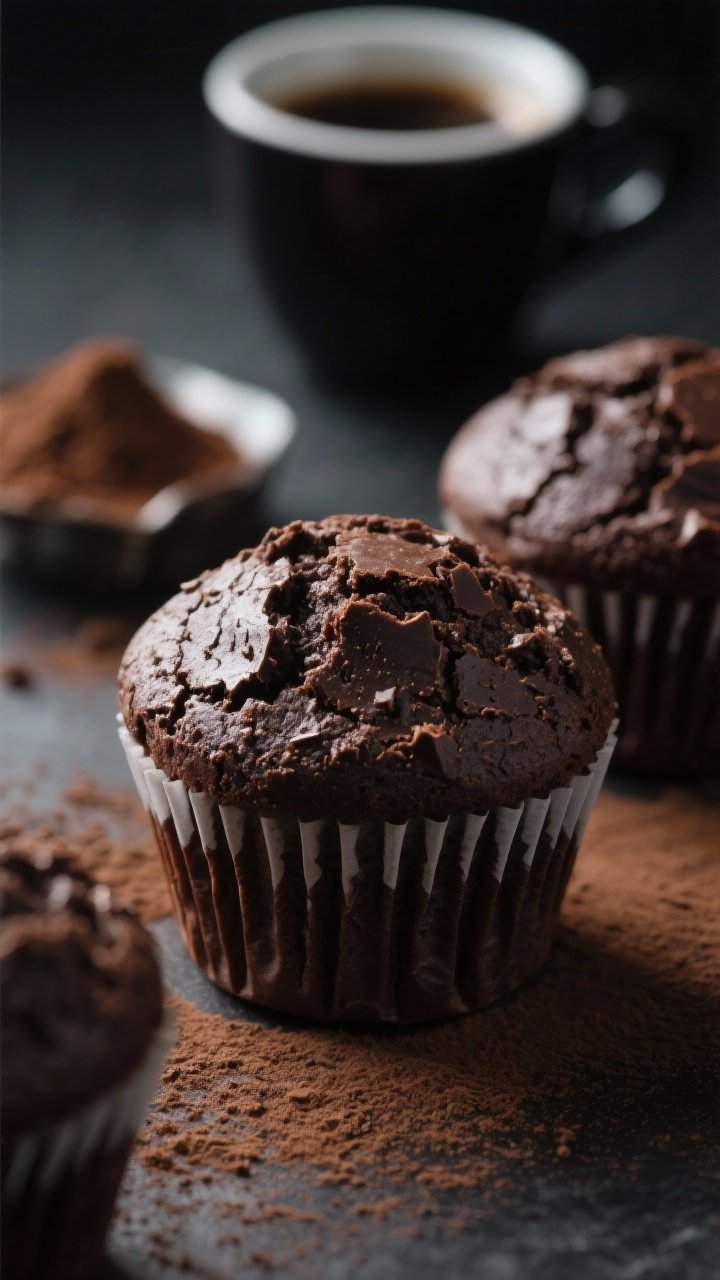 Dramatic close-up straight-on of double chocolate espresso muffins with domed, crackly tops, dark cocoa crumbs and chocolate sheen, a faint dusting of cocoa; espresso cup in the background out of focus, ingredients nod: cocoa powder, granulated sugar, baking powder, baking soda, sourdough discard; moody low-key lighting accentuating rich chocolate tones.