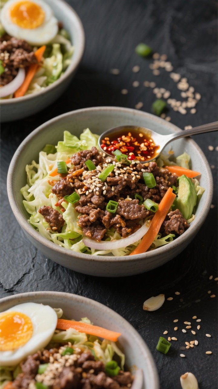 Dynamic overhead bowl assembly: cabbage and beef egg roll bowls—savory crumbled ground beef stir-fried in sesame/avocado oil with garlic, ginger, thinly sliced onion, shredded cabbage, and carrot ribbons; finished with a glossy soy/tamari sheen and a spooned drizzle of chili crunch; garnished with scallions and toasted sesame seeds in matte ceramic bowls on a dark slate surface.