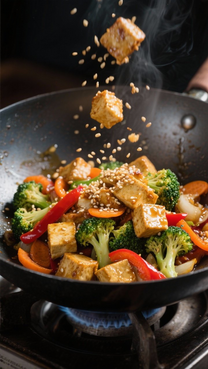 Dynamic wok action shot, 45-degree angle: gingery tofu veggie stir-fry with sesame crunch—golden crisp tofu cubes (light cornstarch coating) tossed with broccoli florets, red bell pepper strips, and thin carrot coins; glossy ginger-garlic sauce clings to vegetables; sesame seeds sprinkled mid-air; dark seasoned wok over a burner, neutral oil glistening; punchy contrast, moody backdrop.