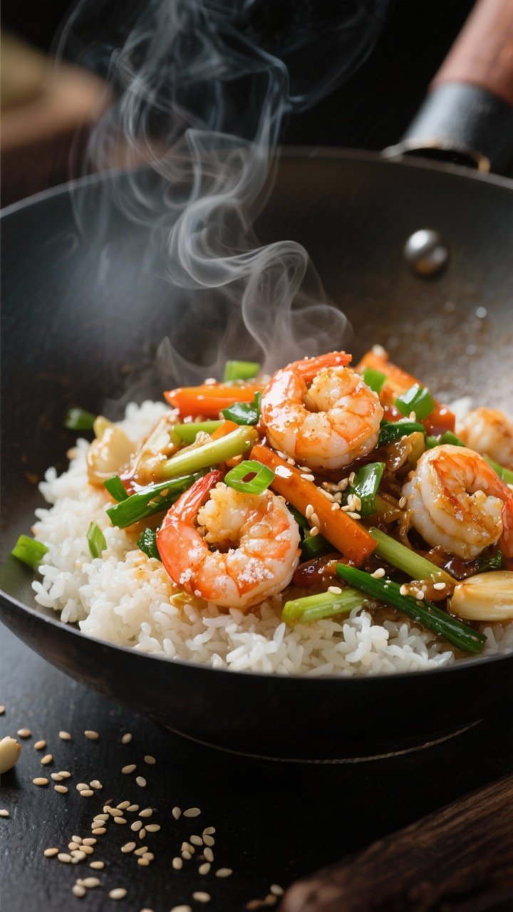Dynamic wok-side 45-degree shot: Garlicky shrimp and spring veg stir-fry—large shrimp lightly dusted in cornstarch seared until just pink, tossed with mixed spring vegetables in a glossy sauce; served over fragrant jasmine rice seasoned with toasted sesame oil; sesame seeds and scallion greens scattered, steam rising from the bowl.