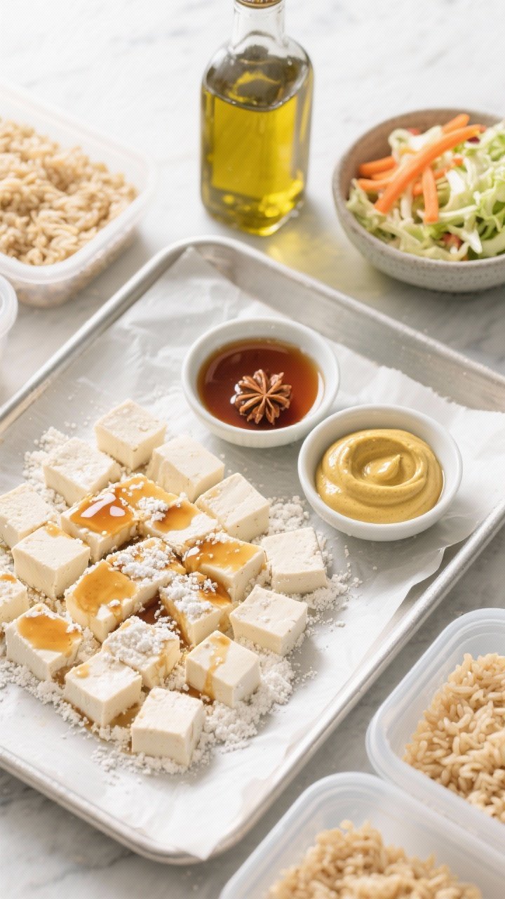 Ingredient-prep flat lay from overhead: cubes of extra-firm tofu dusted with cornstarch on a parchment-lined tray, small bowls of maple syrup, Dijon mustard, low-sodium soy/tamari, and apple cider vinegar mixed into a glossy maple-mustard glaze; a bottle of olive oil and a separate bowl of crunchy slaw components (shredded cabbage, carrots) and cooked brown rice in containers; bright, organized meal-prep vibe.