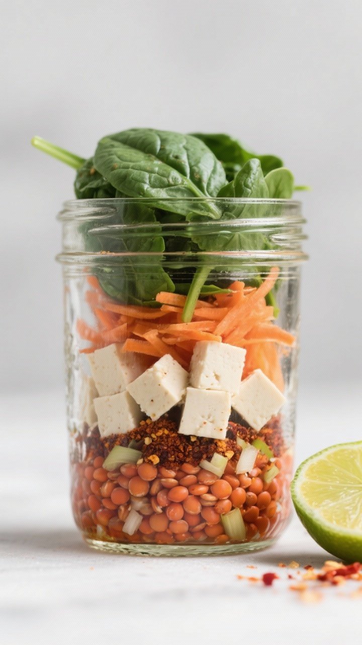 Jar assembly close-up for Curried Red Lentil and Tofu Spinach Soup-in-a-Jar: layers visible through a clear mason jar—dry red lentils on bottom, curry spice blend and minced aromatics, tiny cubes of extra-firm tofu, shredded carrots, and a loose layer of fresh baby spinach on top. Minimalist backdrop, side dish of lime wedge and chili flakes, crisp focus on textures and layered colors.