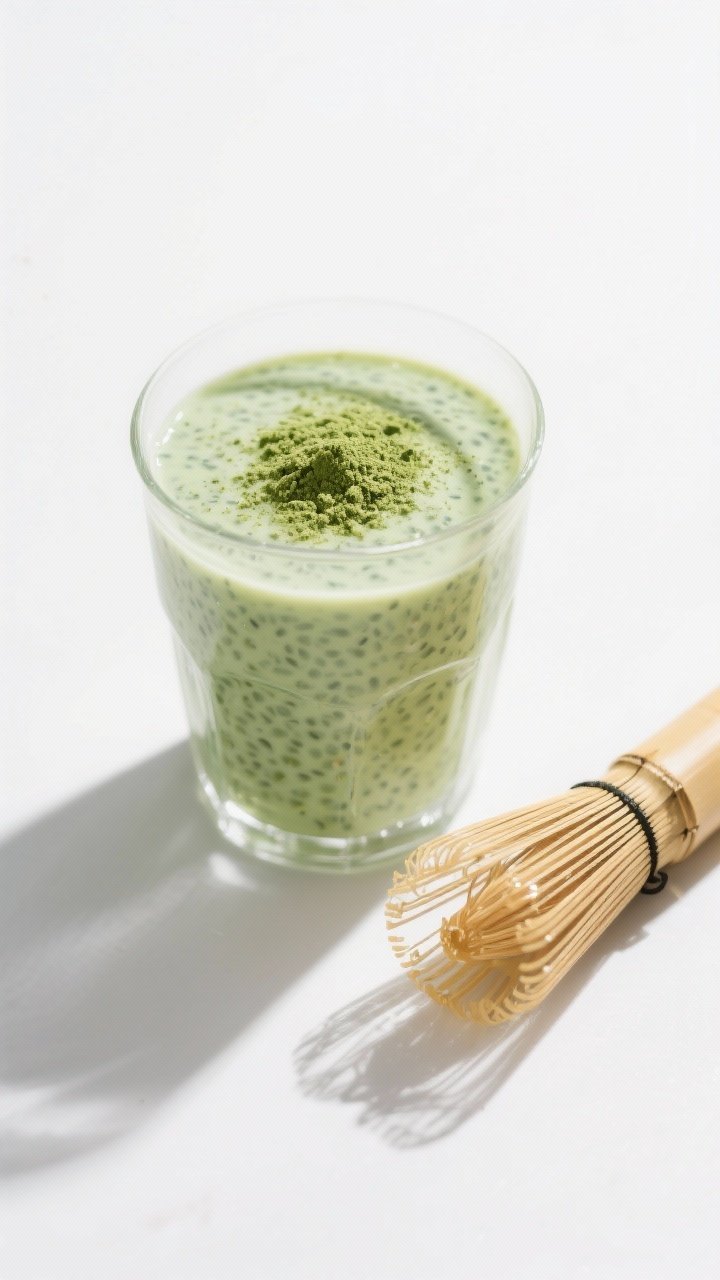 Minimalist 45-degree angle of matcha green tea chia pudding in a clear tumbler to showcase the pale jade hue: unsweetened vanilla almond milk base whisked with ceremonial-grade matcha, lightly sweetened with honey; dusting of matcha on top and a bamboo chasen whisk nearby; bright natural side light for a crisp morning vibe, clean white background.