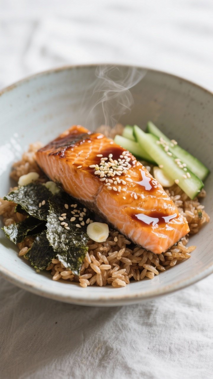Minimalist bowl composition at 45 degrees for Ginger-Garlic Salmon Brown Rice Nori Bowls: flaky salmon glazed with soy/tamari, sesame oil, honey, grated ginger, and minced garlic; nestled over short-grain brown rice with torn nori strips, cucumber matchsticks, and sesame seeds. Clean, zen presentation, subtle steam, gloss on glaze, cool ceramic bowl on a light linen to evoke Japanese-inspired freshness.