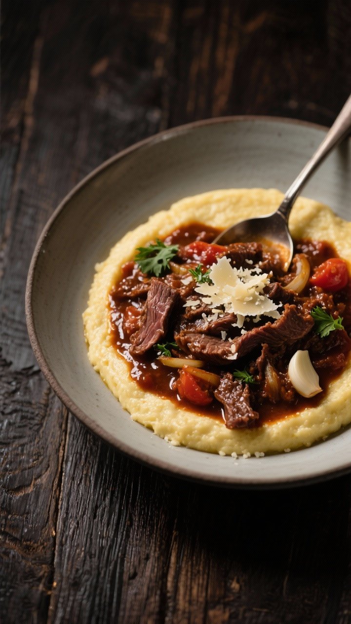 Moody 45-degree angle of balsamic beef ragu spooned over creamy garlic Parmesan polenta in a wide, shallow bowl: tender strands of beef chuck roast cooked with onion, garlic, crushed tomatoes, beef broth, balsamic vinegar, and tomato paste; glossy, deeply colored sauce cascading over velvety polenta; garnished with shaved Parmesan and parsley; dark wood table, soft highlights on the ragu.