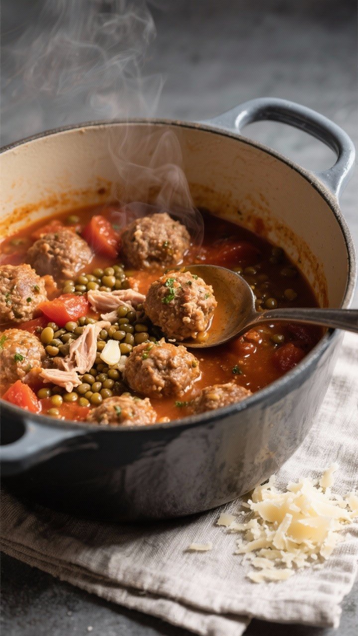 One-pot stew action shot at 45 degrees: turkey meatballs (ground turkey, breadcrumbs, egg, Parmesan, garlic, Italian seasoning) simmering in a tomato-lentil broth with visible tender lentils; meatballs slightly browned, broth thick and rustic; ladle resting in the pot, steam rising; heavy Dutch oven on a linen with grated Parmesan sprinkled nearby.
